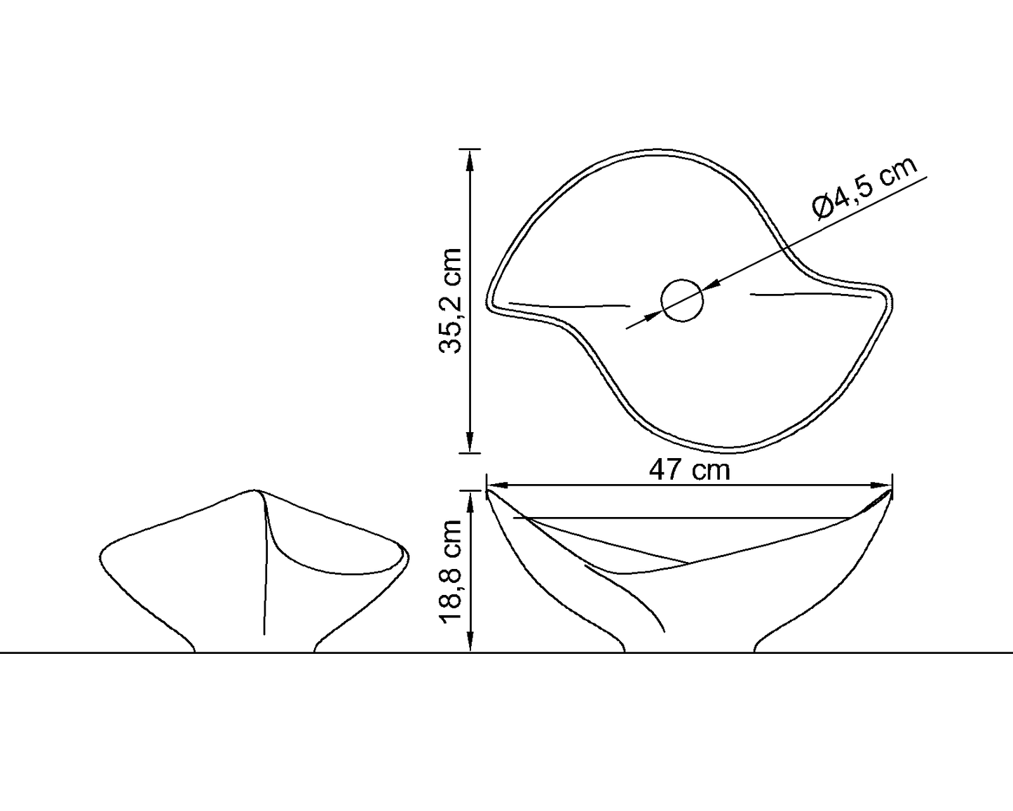 Lavabo Fomalhaut, esquema de dimensiones y plano técnico