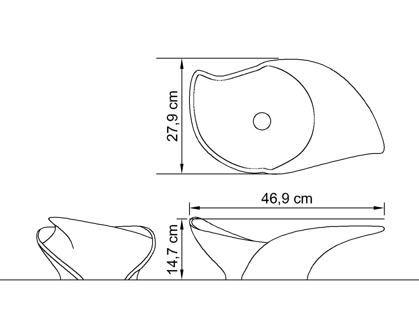Lavabo Gacrux, plano técnico con dimensiones